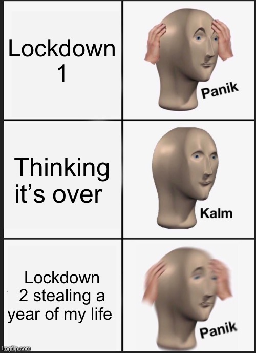 Panik Kalm Panik | Lockdown 1; Thinking it’s over; Lockdown 2 stealing a year of my life | image tagged in memes,panik kalm panik | made w/ Imgflip meme maker