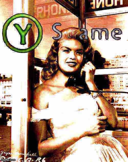 Fun w/ New Templates: Y Same Jayne Mansfield | image tagged in y same jayne mansfield deep-fried 3,deep fried,same,reactions,reaction,telephone girl | made w/ Imgflip meme maker