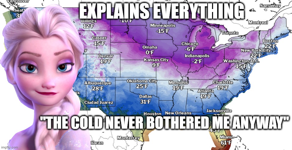 Elsa Did It (2021) | EXPLAINS EVERYTHING; "THE COLD NEVER BOTHERED ME ANYWAY" | image tagged in elsa frozen,cold weather,winter is coming,disney,princess | made w/ Imgflip meme maker