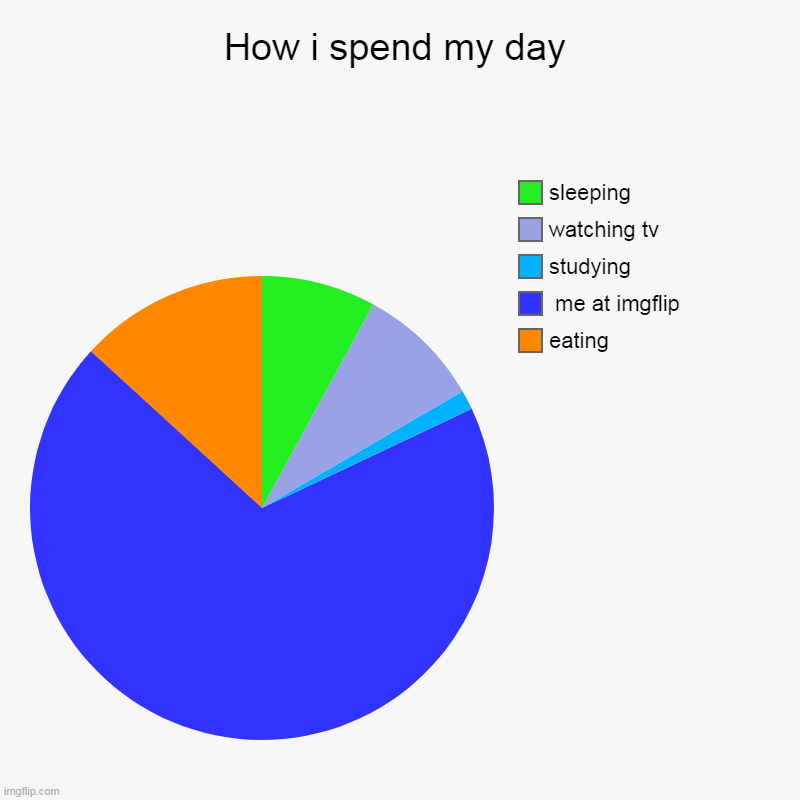 How i spend my day | eating,  me at imgflip, studying, watching tv, sleeping | image tagged in charts,pie charts | made w/ Imgflip chart maker