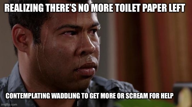 sweating bullets | REALIZING THERE’S NO MORE TOILET PAPER LEFT; CONTEMPLATING WADDLING TO GET MORE OR SCREAM FOR HELP | image tagged in sweating bullets | made w/ Imgflip meme maker