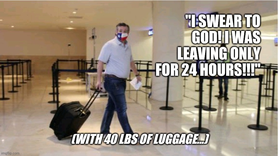 (f)Lyin Ted | "I SWEAR TO GOD! I WAS LEAVING ONLY FOR 24 HOURS!!!"; (WITH 40 LBS OF LUGGAGE...) | image tagged in f lyin ted | made w/ Imgflip meme maker