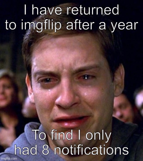 The pain is excruciating | I have returned to imgflip after a year; To find I only had 8 notifications | image tagged in crying peter parker,sadness | made w/ Imgflip meme maker