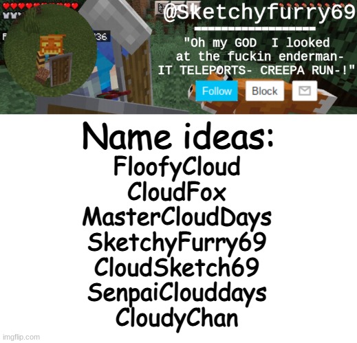 I CANT CHOOSEEE | Name ideas:; FloofyCloud
CloudFox
MasterCloudDays
SketchyFurry69
CloudSketch69
SenpaiClouddays
CloudyChan | image tagged in clouds minecraft temp | made w/ Imgflip meme maker