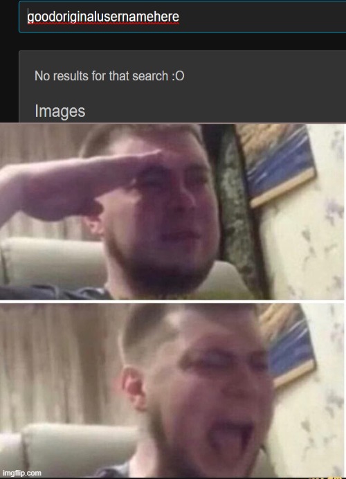 GoodOriginalUsernamehere, deleted his account... | image tagged in crying salute | made w/ Imgflip meme maker