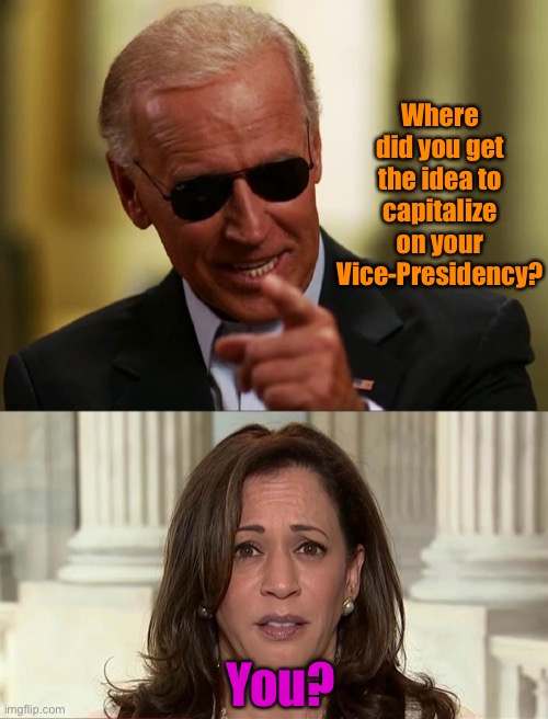 Monkey see, Monkey do | Where did you get the idea to capitalize on your Vice-Presidency? You? | image tagged in cool joe biden,kamala harris,corruption,vice-president | made w/ Imgflip meme maker