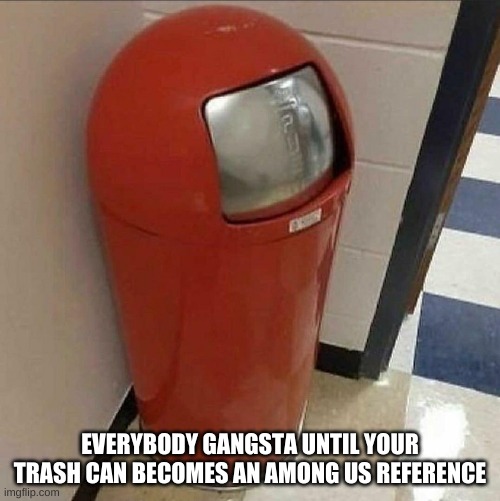oh wow | EVERYBODY GANGSTA UNTIL YOUR TRASH CAN BECOMES AN AMONG US REFERENCE | image tagged in memes,funny,trash can,among us | made w/ Imgflip meme maker