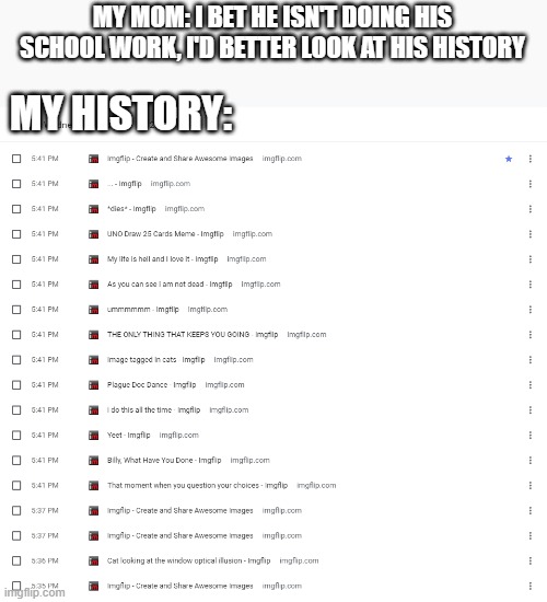 Possible meme format? | MY MOM: I BET HE ISN'T DOING HIS SCHOOL WORK, I'D BETTER LOOK AT HIS HISTORY; MY HISTORY: | image tagged in imgflip,history,googolplex | made w/ Imgflip meme maker
