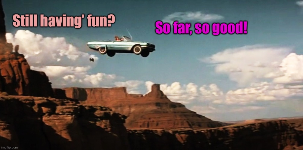 Thelma and Louise Airborne | So far, so good! Still having’ fun? | image tagged in thelma and louise airborne | made w/ Imgflip meme maker