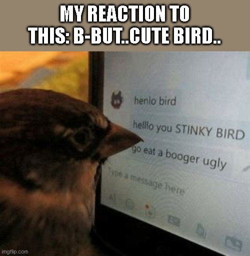 idek what my life has become | MY REACTION TO THIS: B-BUT..CUTE BIRD.. | made w/ Imgflip meme maker