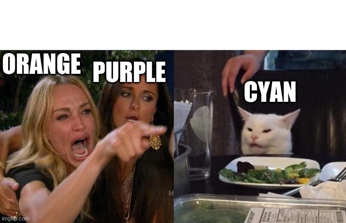 Woman Yelling At Cat Meme | ORANGE CYAN PURPLE | image tagged in memes,woman yelling at cat | made w/ Imgflip meme maker