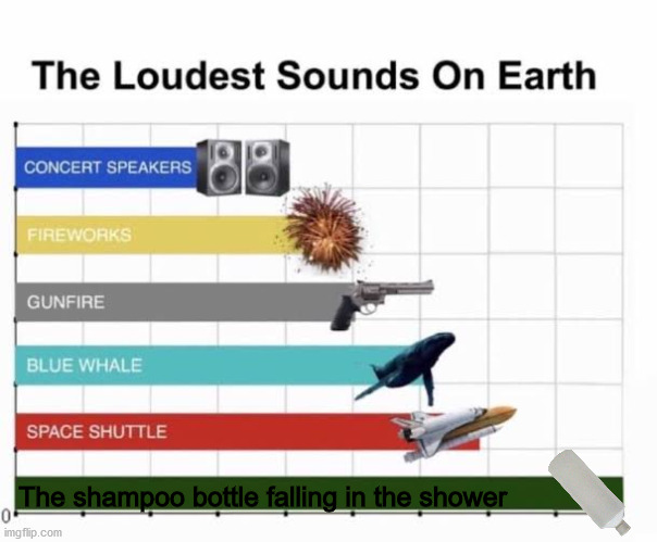 Sounds like a bomb went off | The shampoo bottle falling in the shower | image tagged in the loudest sounds on earth | made w/ Imgflip meme maker