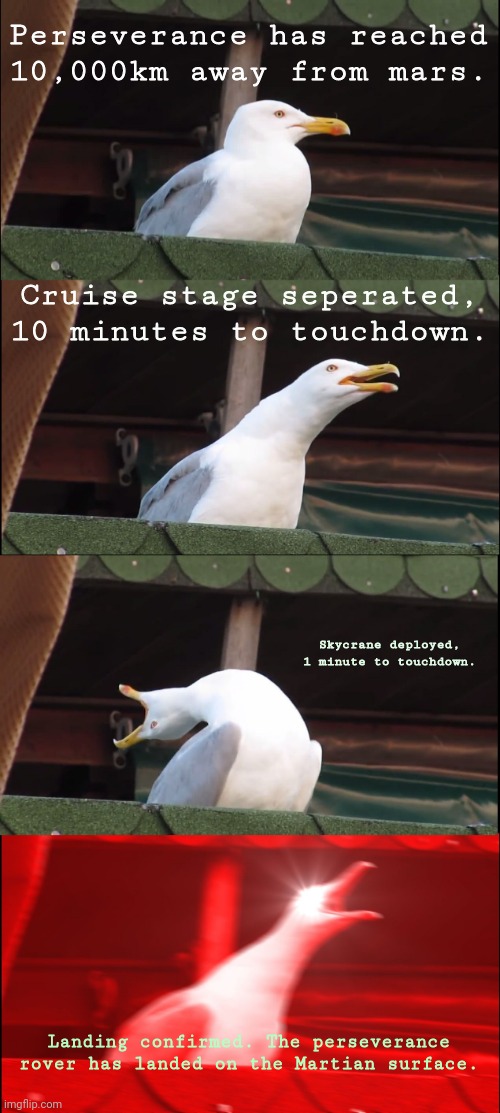 Perseverance Touchdown | Perseverance has reached 10,000km away from mars. Cruise stage seperated, 10 minutes to touchdown. Skycrane deployed, 1 minute to touchdown. Landing confirmed. The perseverance rover has landed on the Martian surface. | image tagged in memes,inhaling seagull,space,mars,fun | made w/ Imgflip meme maker