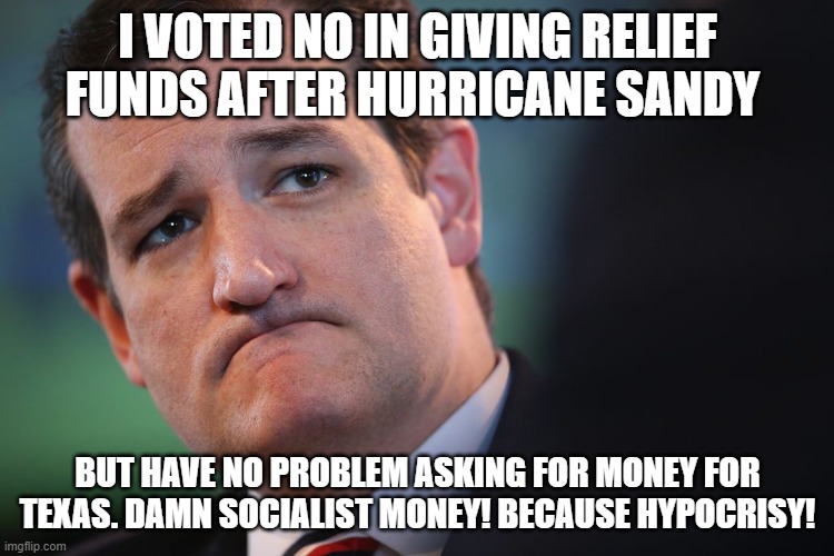 sad ted cruz | I VOTED NO IN GIVING RELIEF FUNDS AFTER HURRICANE SANDY; BUT HAVE NO PROBLEM ASKING FOR MONEY FOR TEXAS. DAMN SOCIALIST MONEY! BECAUSE HYPOCRISY! | image tagged in sad ted cruz | made w/ Imgflip meme maker