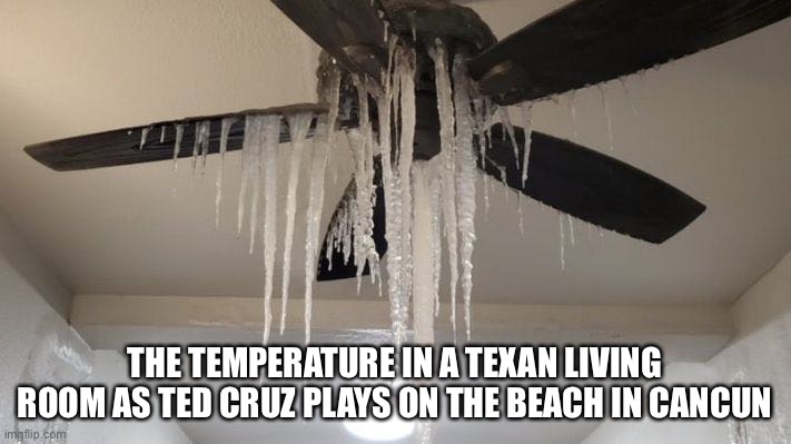 Ted Cruz in Cancun | THE TEMPERATURE IN A TEXAN LIVING ROOM AS TED CRUZ PLAYS ON THE BEACH IN CANCUN | image tagged in texan living room,texas,freezing,power grid,cancun,ted cruz,WayOfTheBern | made w/ Imgflip meme maker