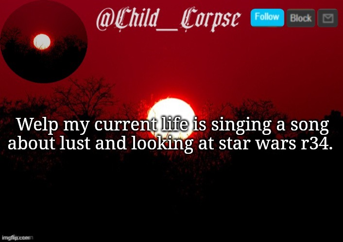 Perfect life I'm livin | Welp my current life is singing a song about lust and looking at star wars r34. | image tagged in child_corpse announcement template | made w/ Imgflip meme maker