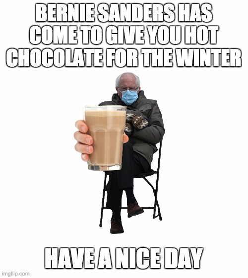Blank White Template | BERNIE SANDERS HAS COME TO GIVE YOU HOT CHOCOLATE FOR THE WINTER; HAVE A NICE DAY | image tagged in blank white template | made w/ Imgflip meme maker
