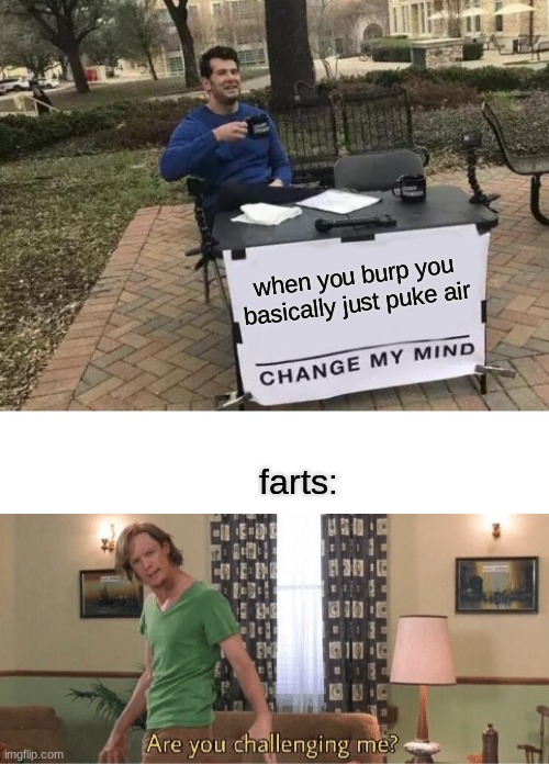 yes | when you burp you basically just puke air; farts: | image tagged in memes,change my mind,are you challenging me | made w/ Imgflip meme maker