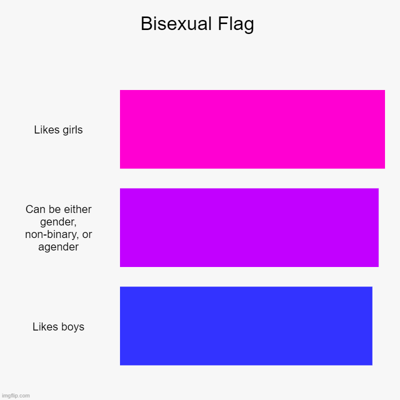 Bisexual Flag | Likes girls, Can be either gender, non-binary, or agender, Likes boys | image tagged in charts,bar charts,bisexual,lgbtq | made w/ Imgflip chart maker