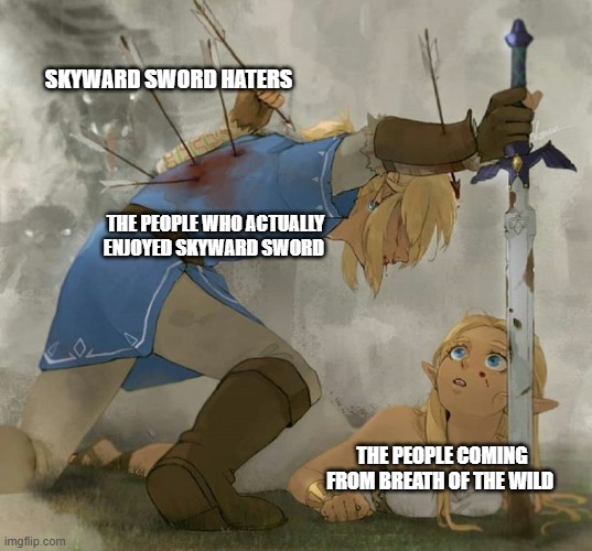 Something about Skyward Sword HD. | SKYWARD SWORD HATERS; THE PEOPLE WHO ACTUALLY ENJOYED SKYWARD SWORD; THE PEOPLE COMING FROM BREATH OF THE WILD | image tagged in link and zelda | made w/ Imgflip meme maker