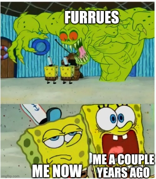 SpongeBob SquarePants scared but also not scared | FURRUES; ME A COUPLE YEARS AGO; ME NOW | image tagged in spongebob squarepants scared but also not scared | made w/ Imgflip meme maker