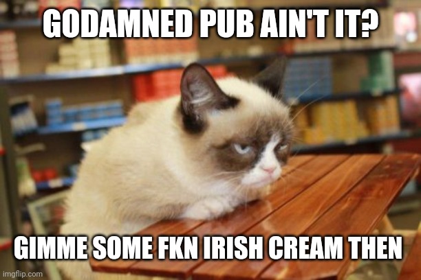 Grumpy Cat Table |  GODAMNED PUB AIN'T IT? GIMME SOME FKN IRISH CREAM THEN | image tagged in memes,grumpy cat table,grumpy cat | made w/ Imgflip meme maker
