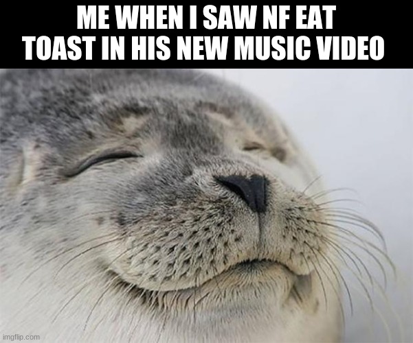 Satisfied Seal | ME WHEN I SAW NF EAT TOAST IN HIS NEW MUSIC VIDEO | image tagged in memes,satisfied seal | made w/ Imgflip meme maker