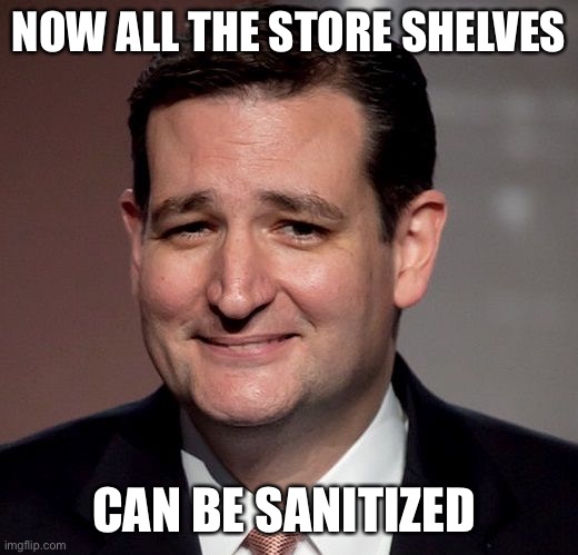 ted cruz | NOW ALL THE STORE SHELVES CAN BE SANITIZED | image tagged in ted cruz | made w/ Imgflip meme maker