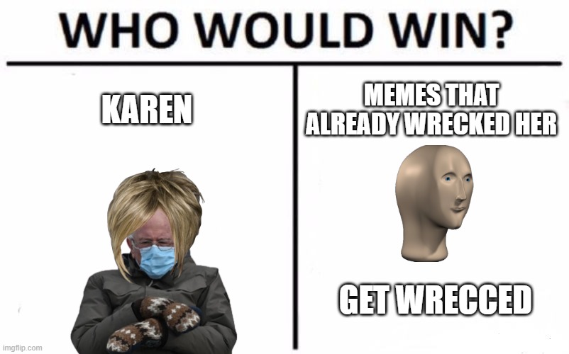 wrec | KAREN; MEMES THAT ALREADY WRECKED HER; GET WRECCED | image tagged in memes,who would win | made w/ Imgflip meme maker