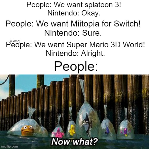 Y e s . | People: We want splatoon 3!
Nintendo: Okay. People: We want Miitopia for Switch!
Nintendo: Sure. People: We want Super Mario 3D World!
Nintendo: Alright. (Some); People: | image tagged in now what | made w/ Imgflip meme maker