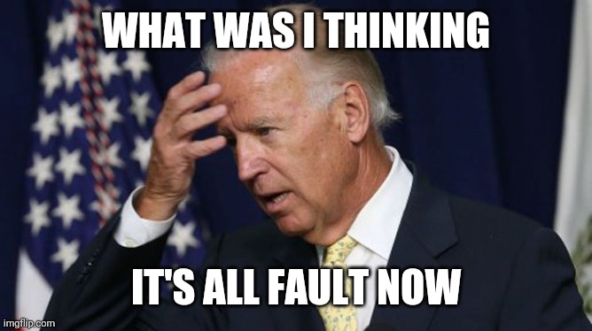 Joe's plan | WHAT WAS I THINKING; IT'S ALL FAULT NOW | image tagged in joe biden worries | made w/ Imgflip meme maker