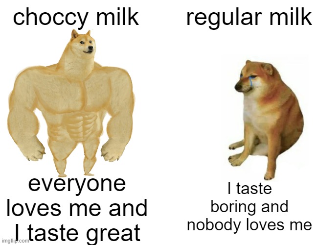 Choccy milk always wins | choccy milk; regular milk; everyone loves me and I taste great; I taste boring and nobody loves me | image tagged in memes,buff doge vs cheems,choccy milk | made w/ Imgflip meme maker