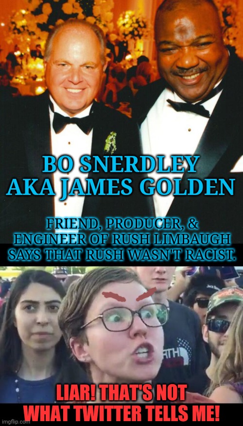 This man knew Rush Limbaugh for decades. He would know Rush better than the angry twitter trolls. | BO SNERDLEY AKA JAMES GOLDEN; FRIEND, PRODUCER, & ENGINEER OF RUSH LIMBAUGH SAYS THAT RUSH WASN'T RACIST. LIAR! THAT'S NOT WHAT TWITTER TELLS ME! | image tagged in angry sjw,rush limbaugh,bo snerdley,memes,not racist,twitter trolls | made w/ Imgflip meme maker