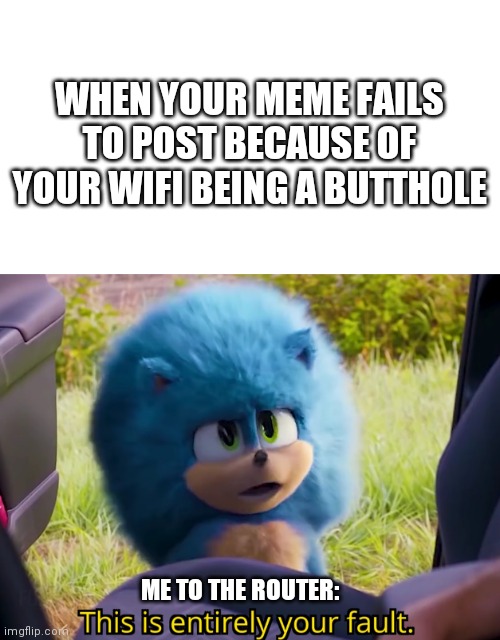 Bad wifi be like: | WHEN YOUR MEME FAILS TO POST BECAUSE OF YOUR WIFI BEING A BUTTHOLE; ME TO THE ROUTER: | image tagged in this is entirely your fault | made w/ Imgflip meme maker