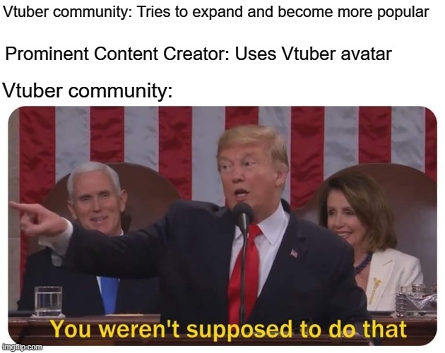 heh | Vtuber community: Tries to expand and become more popular; Prominent Content Creator: Uses Vtuber avatar; Vtuber community: | image tagged in you weren't supposed to do that,memes,pewdiepie,youtube,gaming,pewds | made w/ Imgflip meme maker