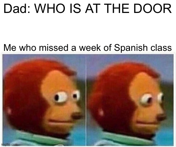 Monkey Puppet | Dad: WHO IS AT THE DOOR; Me who missed a week of Spanish class | image tagged in memes,monkey puppet | made w/ Imgflip meme maker