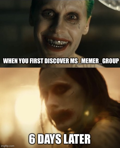 WHEN YOU FIRST DISCOVER MS_MEMER_GROUP; 6 DAYS LATER | image tagged in jared leto joker,jared leto joker justice league snyder cut | made w/ Imgflip meme maker