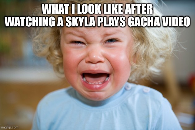 Crying Child | WHAT I LOOK LIKE AFTER WATCHING A SKYLA PLAYS GACHA VIDEO | image tagged in crying child | made w/ Imgflip meme maker