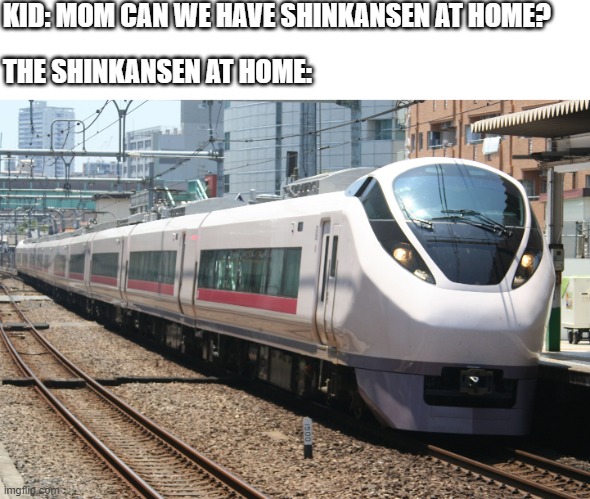 The shinkansen at home | KID: MOM CAN WE HAVE SHINKANSEN AT HOME? THE SHINKANSEN AT HOME: | image tagged in shinkansen,japan,railway,meme,mom,mom can we have | made w/ Imgflip meme maker