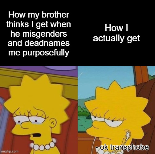 So he told me he's gonna misgender me if it makes me upset | How I actually get; How my brother
thinks I get when
he misgenders
and deadnames
me purposefully; - ok transphobe | image tagged in lgbtq,trans | made w/ Imgflip meme maker