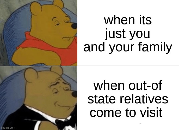 Tuxedo Winnie The Pooh Meme | when its just you and your family; when out-of state relatives come to visit | image tagged in memes,tuxedo winnie the pooh | made w/ Imgflip meme maker