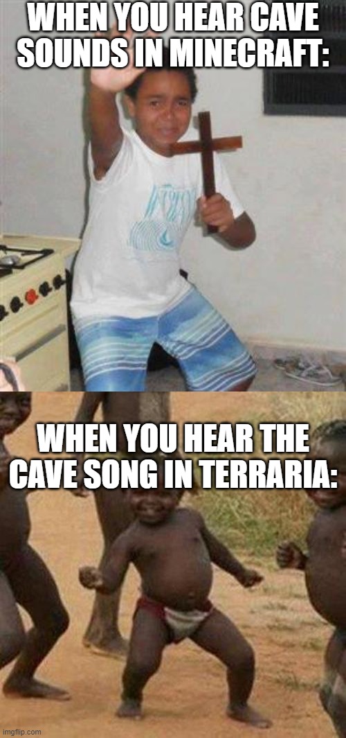 WHEN YOU HEAR CAVE SOUNDS IN MINECRAFT:; WHEN YOU HEAR THE CAVE SONG IN TERRARIA: | image tagged in scared kid,memes,third world success kid | made w/ Imgflip meme maker