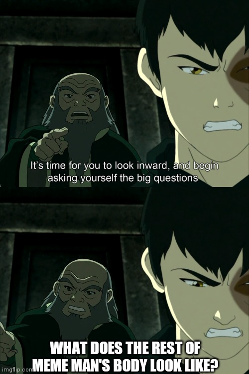 We're only shown his head, but the only times they show the rest is with another torso. | WHAT DOES THE REST OF MEME MAN'S BODY LOOK LIKE? | image tagged in avatar the last airbender look inwards,meme man | made w/ Imgflip meme maker