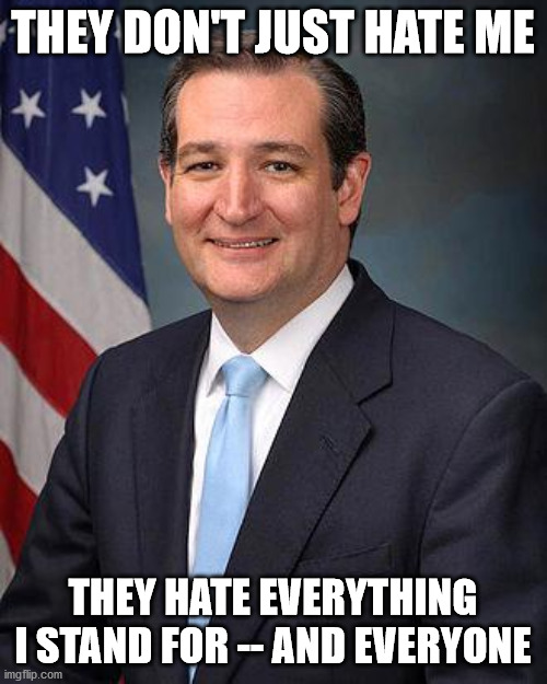Ted Cruz | THEY DON'T JUST HATE ME THEY HATE EVERYTHING I STAND FOR -- AND EVERYONE | image tagged in ted cruz | made w/ Imgflip meme maker