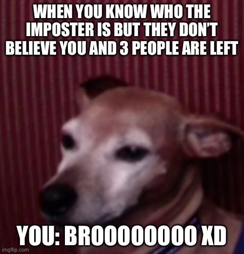 We have all felt this | WHEN YOU KNOW WHO THE IMPOSTER IS BUT THEY DON’T BELIEVE YOU AND 3 PEOPLE ARE LEFT; YOU: BROOOOOOOO XD | image tagged in sad | made w/ Imgflip meme maker