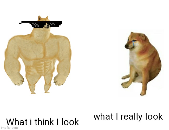 Buff Doge vs. Cheems Meme | what I really look; What i think I look | image tagged in memes,buff doge vs cheems | made w/ Imgflip meme maker