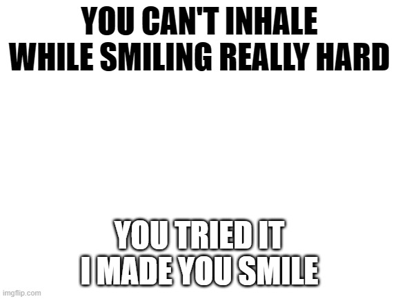 how did that feel? | YOU CAN'T INHALE WHILE SMILING REALLY HARD; YOU TRIED IT
I MADE YOU SMILE | image tagged in blank white template | made w/ Imgflip meme maker