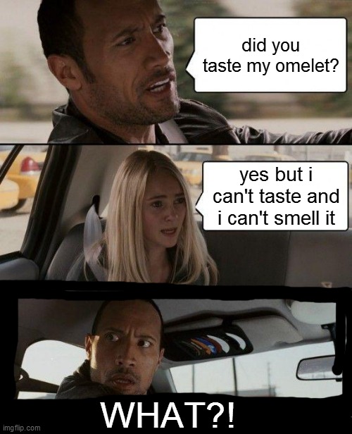 call the ambulance or WHO | did you taste my omelet? yes but i can't taste and i can't smell it; WHAT?! | image tagged in memes,the rock driving | made w/ Imgflip meme maker