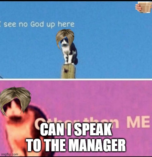 I see no god up here other than me | CAN I SPEAK TO THE MANAGER | image tagged in i see no god up here other than me | made w/ Imgflip meme maker