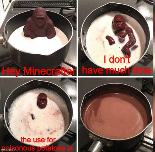 What is it???? | Hey Minecrafter; I don't have much time; the use for poisonous potatoes is | image tagged in hey kid i don't have much time,minecraft,poison,potato,melting gorilla | made w/ Imgflip meme maker